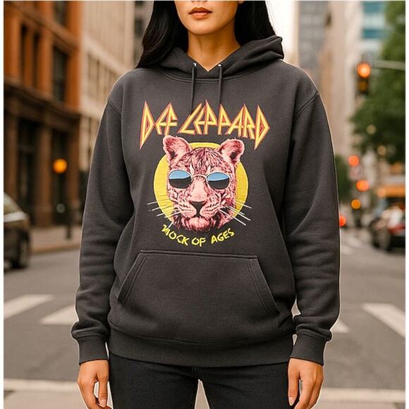 UNISEX Def Leppard Rock of Ages Charcoal Hoodie Pink Leopard - Small - NWT - Picture 1 of 9
